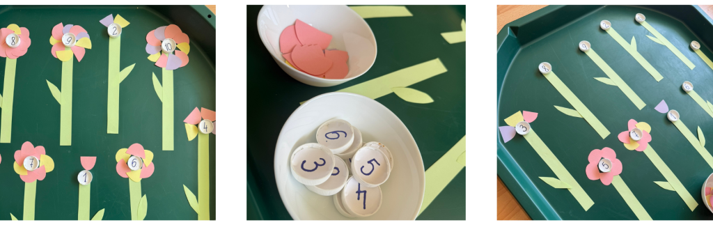 Matematisk aktivitet med papperstulpaner, numrerade kapsyler och färgglada blomblad på aktivitetsbord.