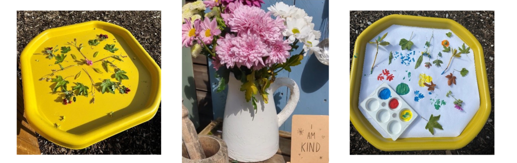 Barnaktivitet utomhus med blommor, blad och färg i ett gult aktivitetstråg för kreativt lärande om naturen.